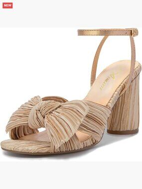 Leather Heeled Sandals with Pleated Bow Ankle Strap Chunky Wedge
